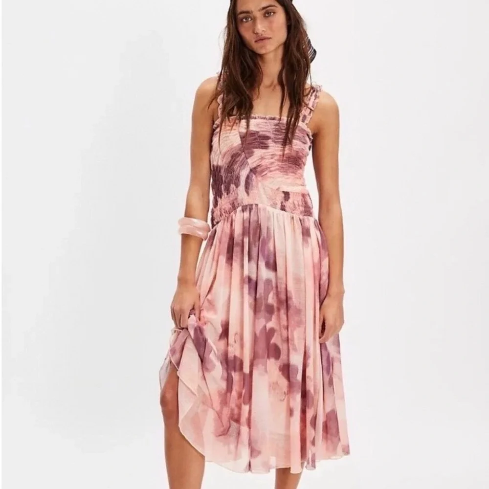 Free People Midi Dress Pink Floral Boho Smocked Mesh‎ Ruffle Sleeveless S